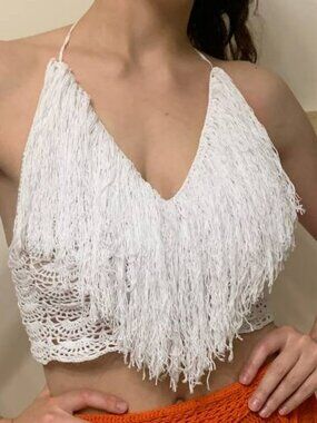 Handmade White Crochet Fringe Top Boho Festival Halter Crop